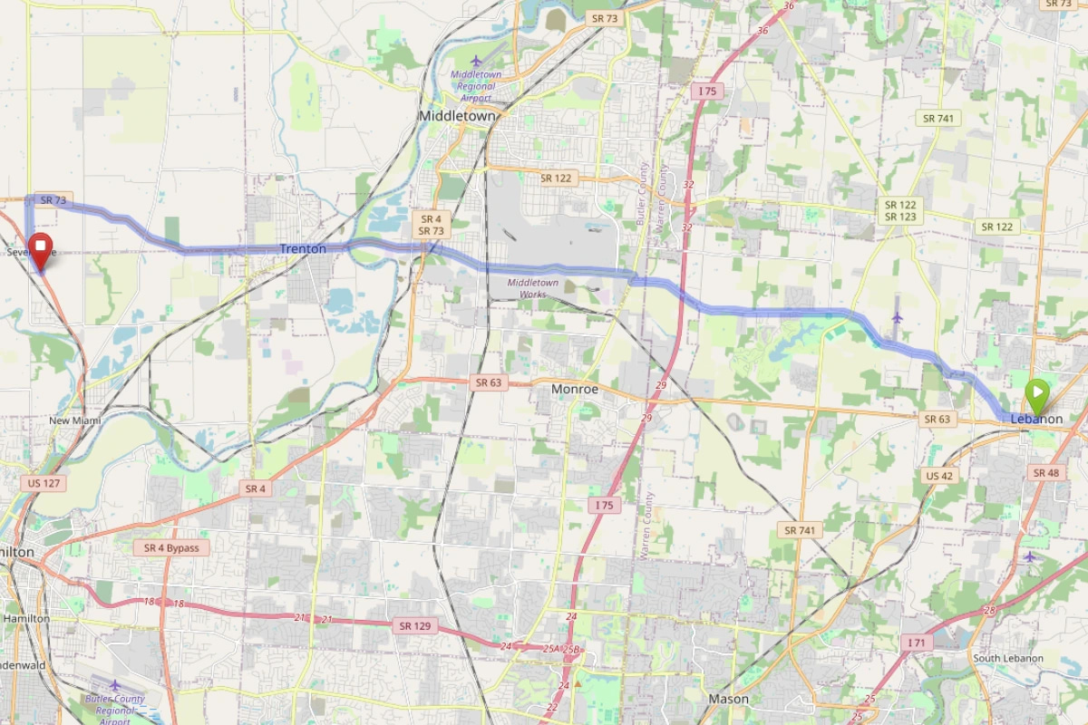Map showing route from Lebanon Ohio to Bloom Seven Mile Dispensary