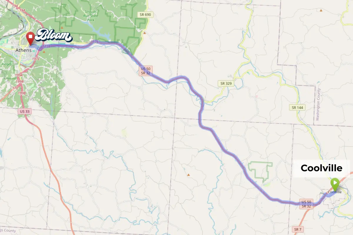 Map showing dispensary near Coolville Ohio Bloom Athens service area