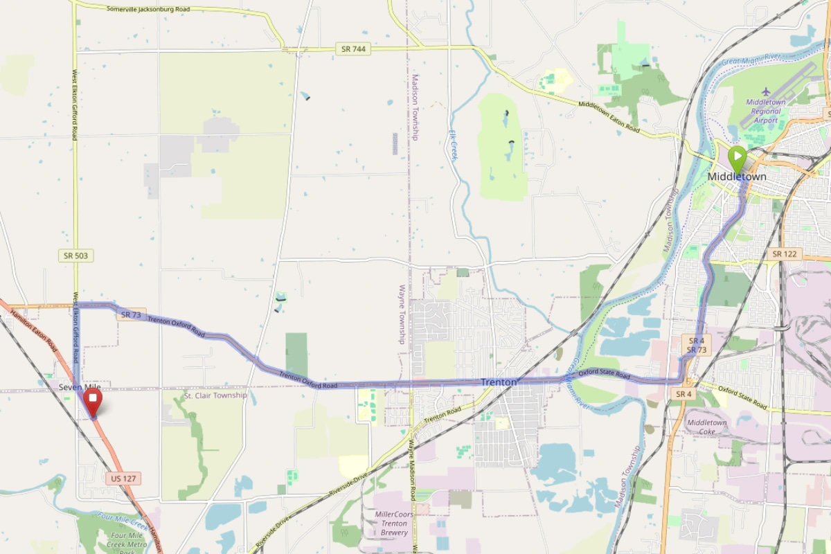 Map showing route from Middletown Ohio to Bloom Seven Mile Dispensary