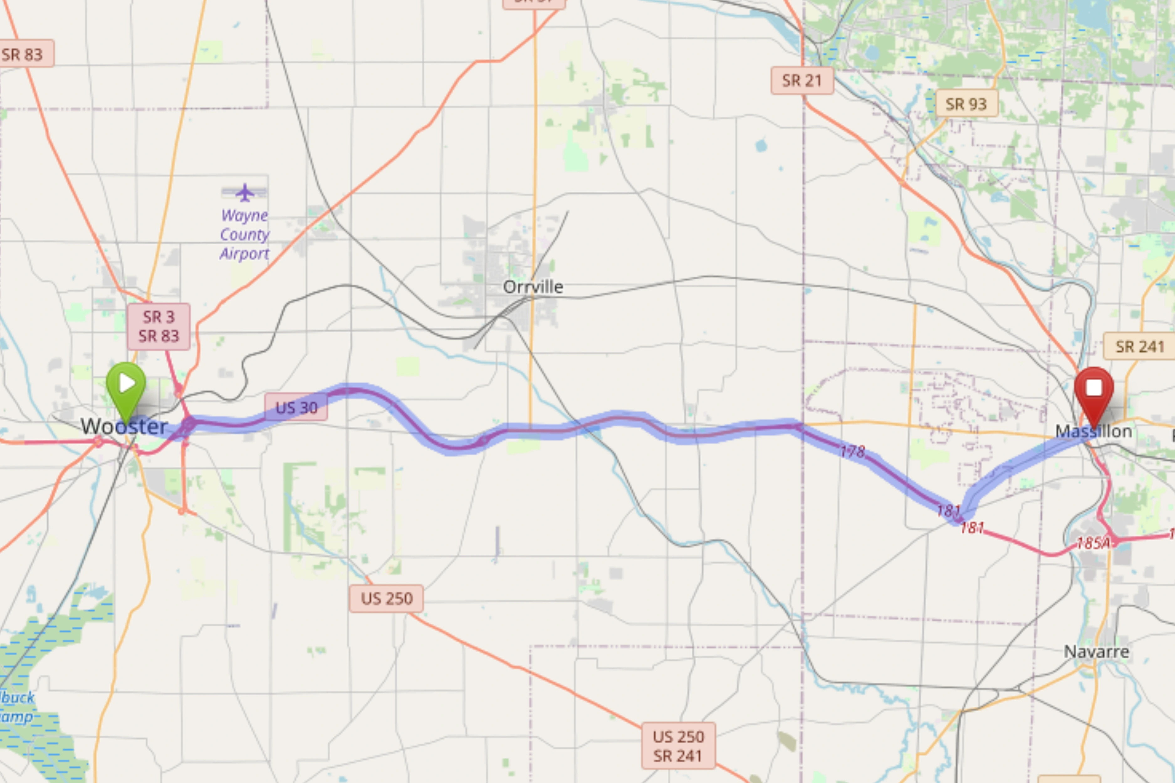 Map showing route from Wooster to Bloom Massillon Dispensary