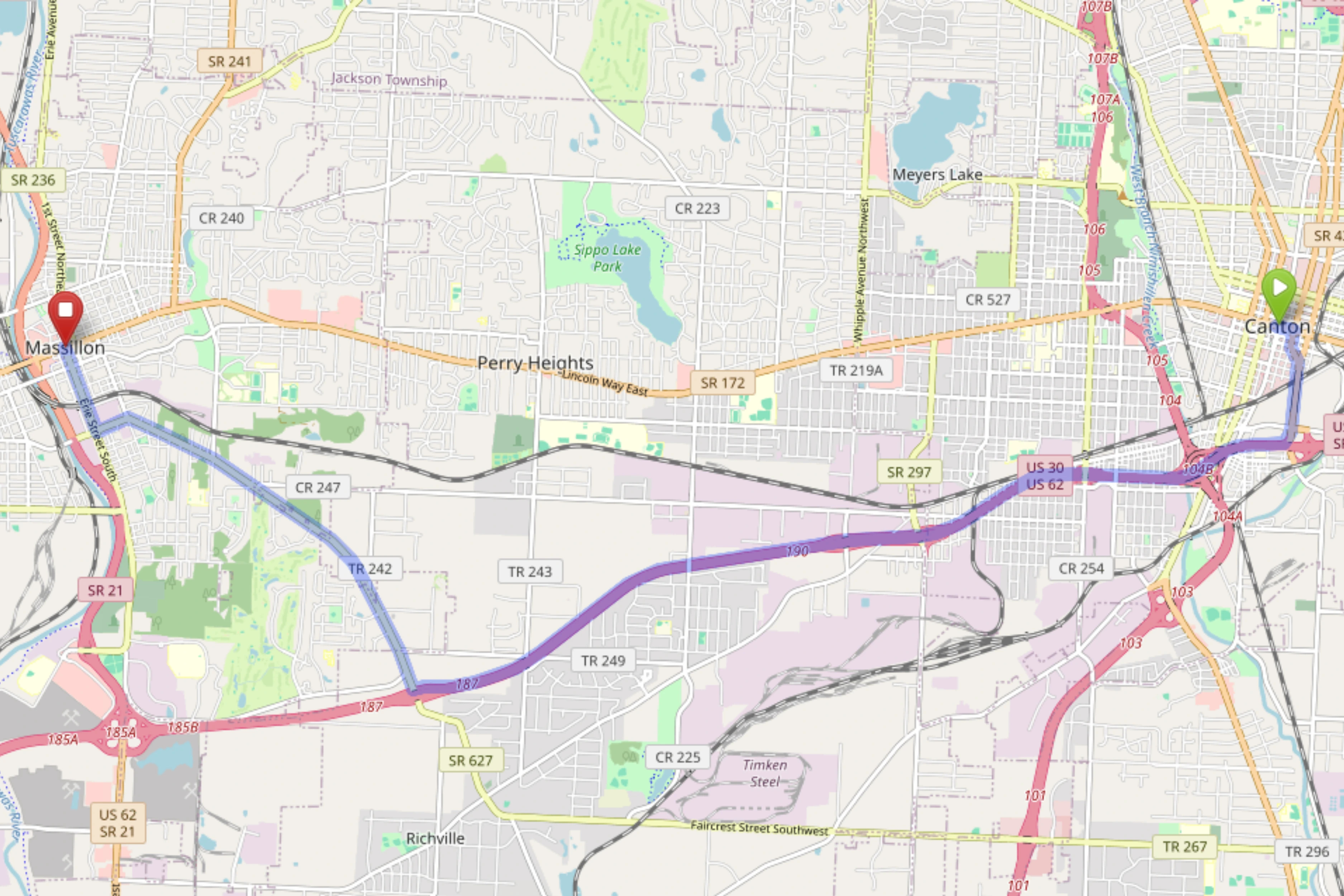 Map showing distance from Canton Ohio to Bloom Massillon Dispensary